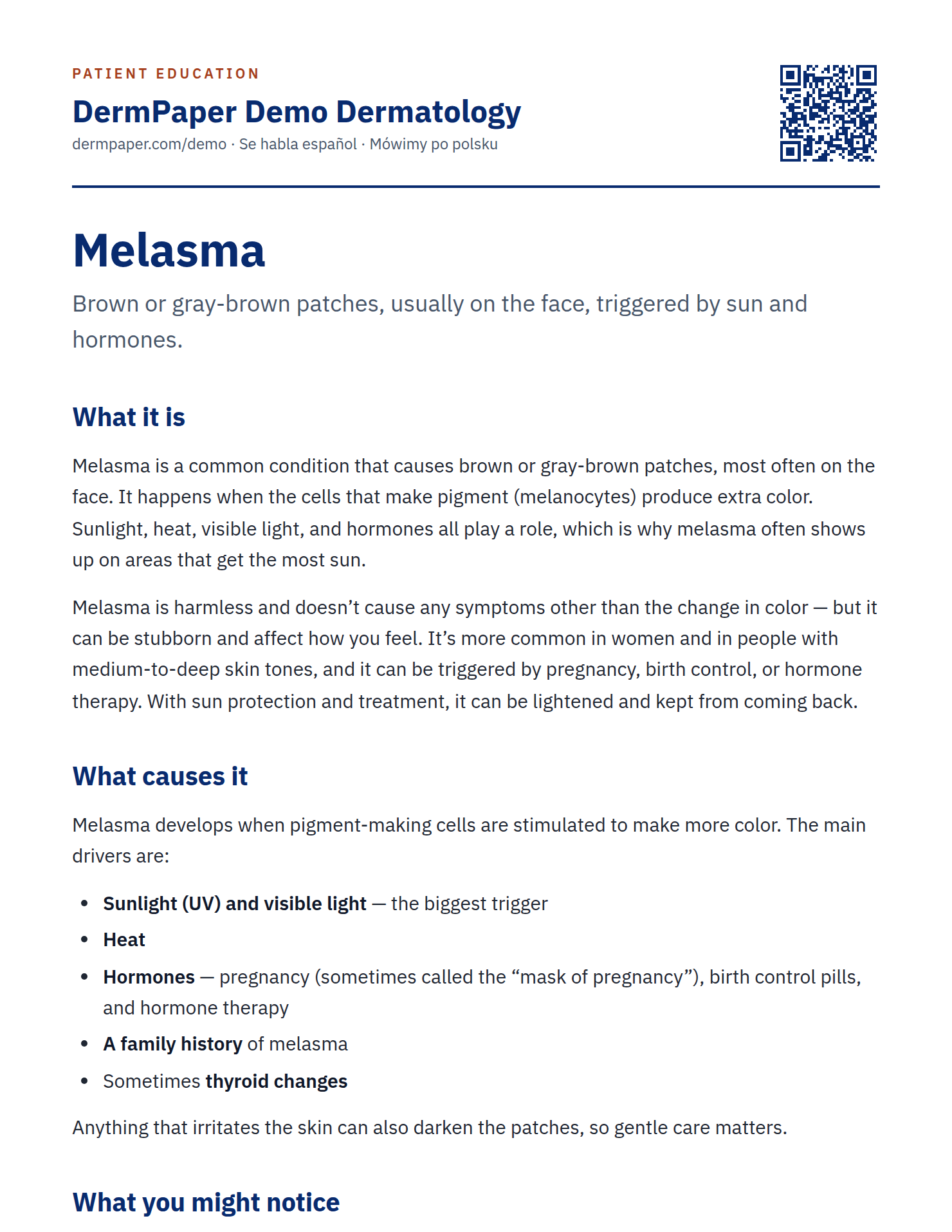 A printed DermPaper patient handout for melasma: practice name and QR code in the header, followed by plain-language sections